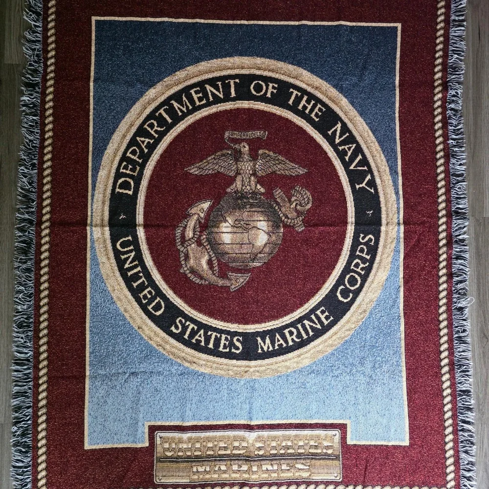 VTG US Marine USMC Department of the Navy Woven Tapestry Throw Blanket 58x46